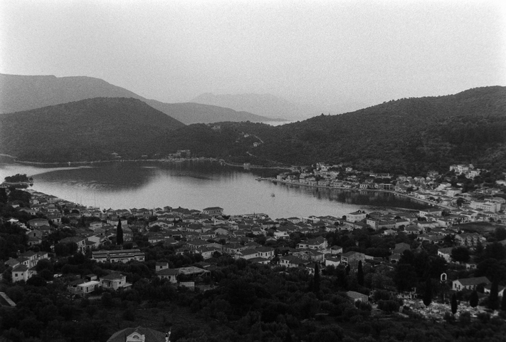 The town and port of Vathy on the island of Ithaki in Greece