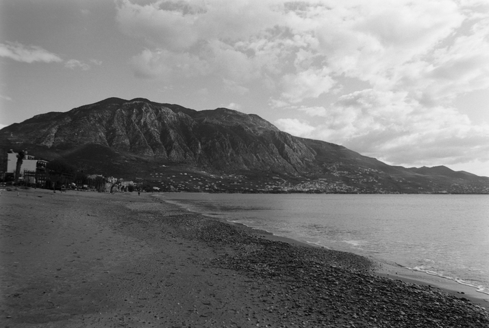 Kalamata beach looking towards the mountain of Taygetos
