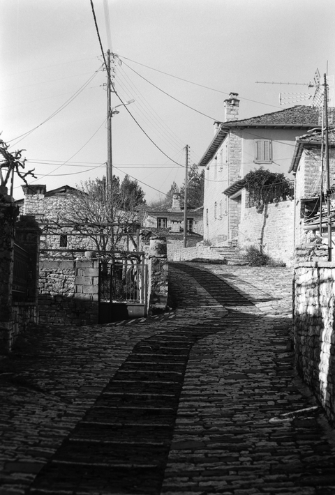 A stone cobbled street and stone houses in the village of Vitsa in Zagorohoria