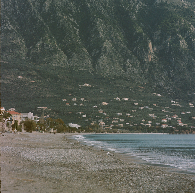 A view across Kalamata beach towards Verga and Taygetos mountain in Kalamata