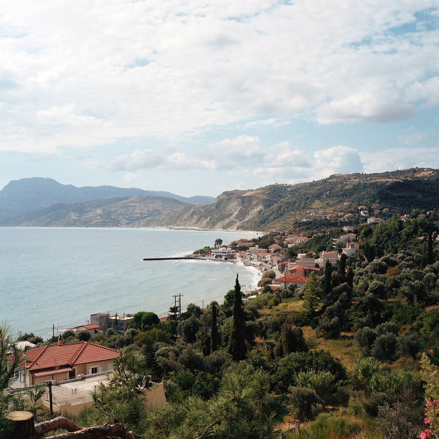 A view from the mountain down over the town of Platana on the island of Evia in Greece