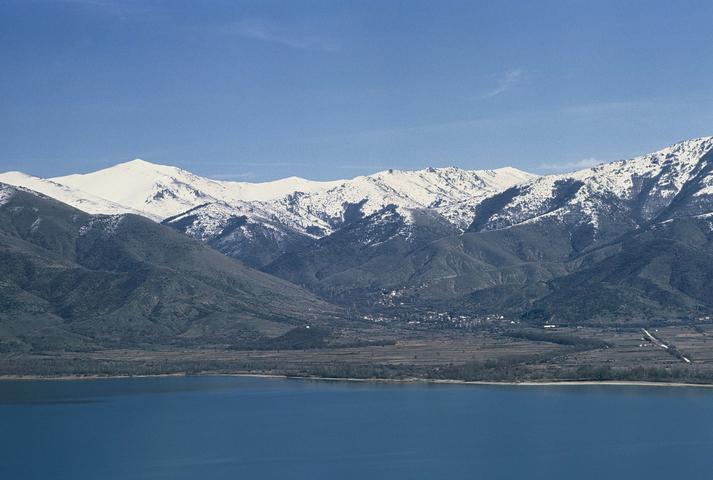 Prespa lake and snow topped mountains