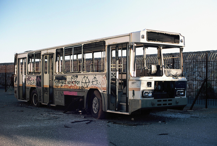 Abandoned and smashed bus