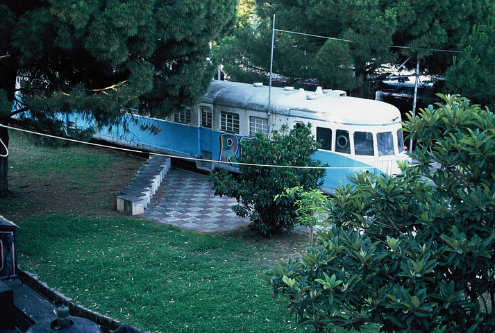 A blue and white train in the Kalamata Municipal Railway Park
